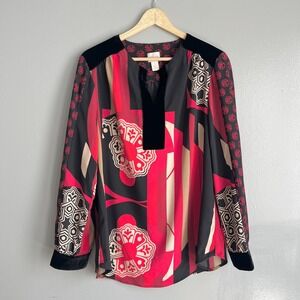 Chicos Asian Inspired Blouse Geometric Velvet Trim Tunic Top Split Neck 1 Medium